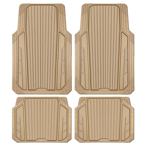 CAR PASS Heavy Duty Sporty Rubber Car Mats, Deep Dish All Weather Car Floor Mats Full Set, Waterproof Anti-Slip Automotive Matts Rugs Trim to Fit for Most Sedans SUVs, 4-Piece All Beige - color: beige