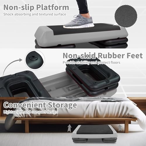 Gym Step Platform for Exercise at Home, Fitness Step for Home Workout, Adjustable Step Up Exercise Platform, Aerobic Stepper Step Platform with 4 Risers, Step Exercise Platform for Work Out - color: Black+Gery