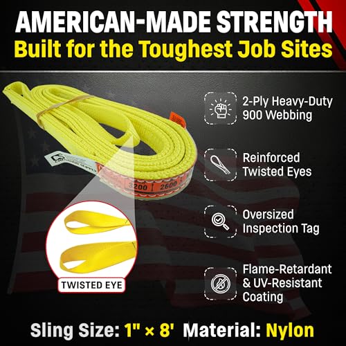 DD Sling 1 Inch x 8 Foot Nylon Lifting Sling – USA Made, 3,200 lb Vertical, 2,600 lb Choker, 6,400 lb Basket – 2-Ply Heavy Duty 900 Webbing, Type 4 Twisted Eye & Eye Rigging Sling, Safety Orange - size: 1" x 8'