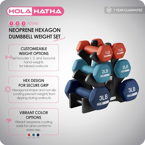 HolaHatha 1, 2 and 3 lb Neoprene Dumbbell Strength Training Weight Set with Rack - color: Blue/Red, size: 12 LB