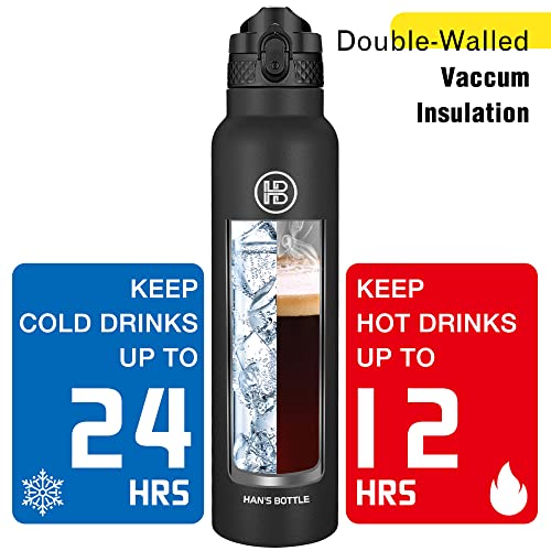 Han's Bottle Sports Water Bottle - 32 Oz, Straw Lid, Leak Proof, Vacuum Insulated Stainless Steel, Double Walled, Thermo Mug,Black - color: Balck, size: 32 Ounces