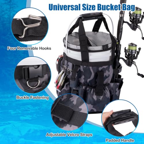 Fishing Bucket Organizer with Mesh Cover 5 Gallon Bucket Accessories Waterproof 600D Adjustable Fishing Tackle Bag with Multi-Pockets for Fishing Gear and Equipment