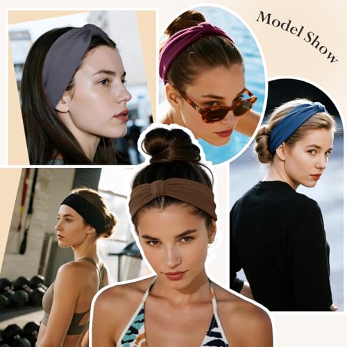 HSEM Headbands for Women, Wide Elastic Head Bands, Non-Slip Thick Hair Bands, Sports Stretchy Sweat Bands, Large Knotted Soft Headband, Gray Burgundy Green Black Coffee Navy - color: GrayBurgundyGreenBlackCoffeeNavy