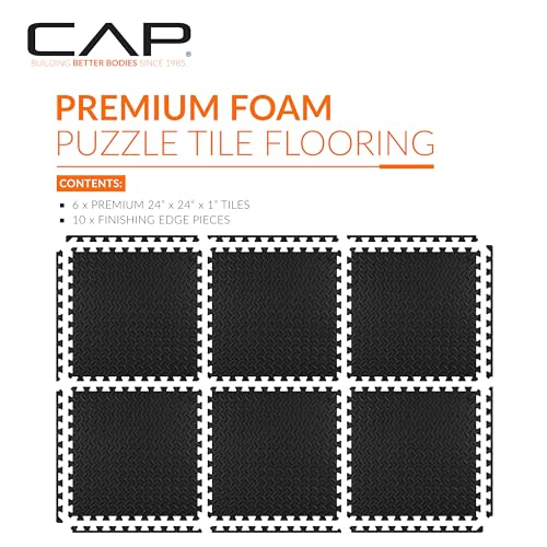 CAP Puzzle Exercise Mats | 1” Thick EVA Interlocking Foam Tiles for Home Gym Flooring | Multiple Options - color: Diamond - Black, style: 6 Tiles (24 SQ FT)