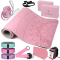 1/3 Yoga Mat Thick, Yoga Set for Beginners Include High Density Mat with Multi-loops Strap, Blocks, Booty Resistance Band Set, Door Anchor, Carring Bag & Strap - color: PINK&GREY