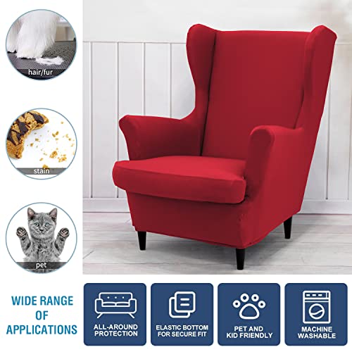 NILUOH Wingback Chair Cover 2-Piece Soft Stretch Wing Chair Slipcover Solid Color Armchair Sofa Couch Cover Furniture Protector with Elastic Bottom for Living Room Bedroom (Red) - color: Red