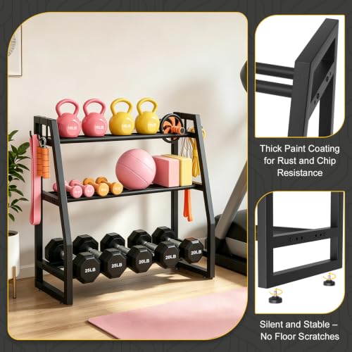 Heavy Duty 3-Tier Dumbbell Rack, 600 LBS Capacity Adjustable Weight Rack for Kettlebells & Dumbbells, One-Piece Solid Steel Home Gym Storage Stand, Space-Saving Corner Organizer with Hooks (32" H x 31.5" L)