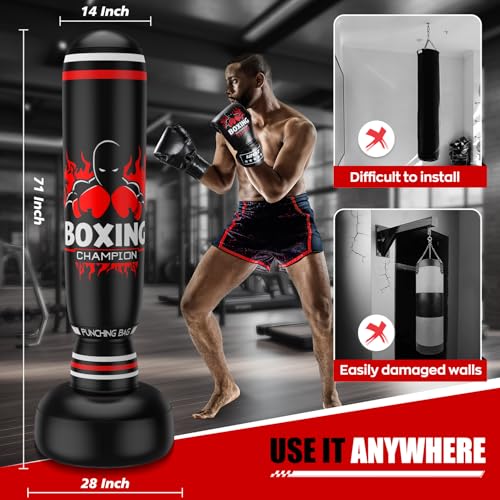 Freestanding Punching Bag for Adults Teens, 69'' Boxing Bag with Stand, Includes Boxing Gloves & Air Pump, Kick Boxing Training Equipment for MMA, Muay Thai, Kickboxing, Fitness for Beginners - color: Red