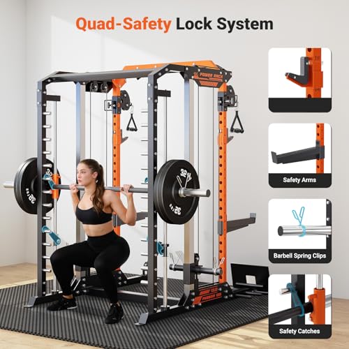 YOLEO Smith Machine & Squat Rack Combo, Multi-Functional Power Racks with Adjustable Width & Pull-Up Bar, Cable Crossover Power Cage, Independent Dual-Pulley System for Home Gym Garage Basement - style: 1700LBS Basic Smith Machine