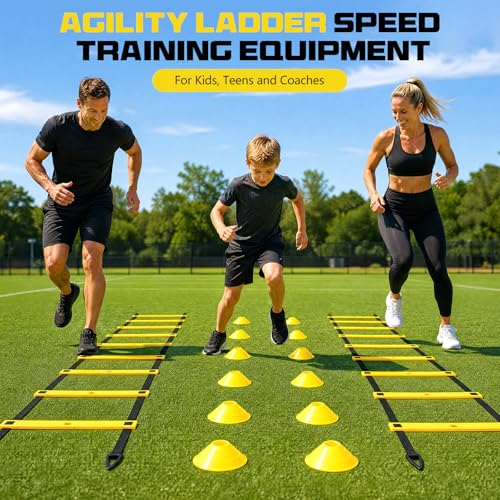 2 Pack 20ft Agility Ladder Set, 40ft Total Adjustable Speed Ladder with 12 Cones, 8 Stakes, 1 Carry Bag - Parallel Footwork Drills Gear for Football Soccer Basketball Training Equipment - color: Yellow