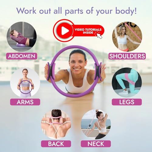 Pilates Ring and Ball Set with Video Tutorials, 10-in-1 Home Pilates Kit | Complete beginner-friendly workout kit for women to tone, strengthen and improve flexibility, balance and core at home - color: Luxury Purple