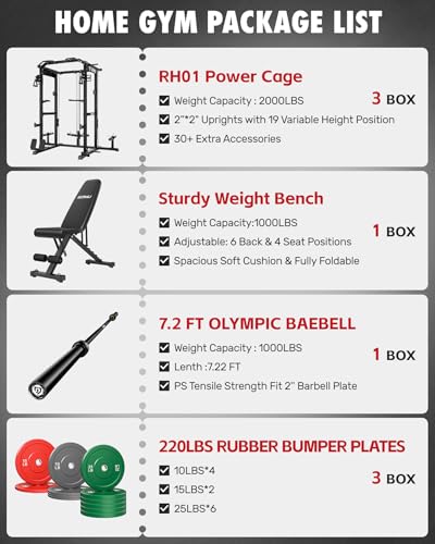 RH01 Power Cage Rack, 2000LBS Squat Rack with with Cable Crossover System&LAT Pull Down System, Multi-Function Workout Cage for Home&Garage Gym - color: Black, size: RH01 Power Cage with 220LB C Weights