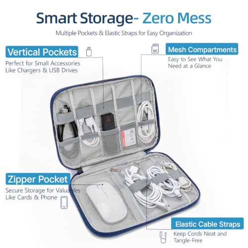 Cord Organizer Travel Case, Cable Organizer Bag for Chargers, USB Cables, Power Bank & Electronics Accessories, Portable Tech Organizer Pouch with Mesh Pockets, Water Resistant Travel Gear Bag - color: deep blue, size: S