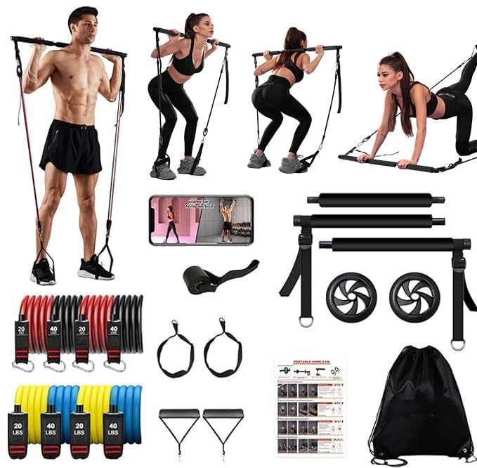 Pilates bar kit Multiple Fitness bar with Resistance Bands, Ab Rollers.Core Strength Training Equipment. Squat Machine for Men and Women.Portable Home Gym Pilates bar kit for Full Body Training Women - style: Black