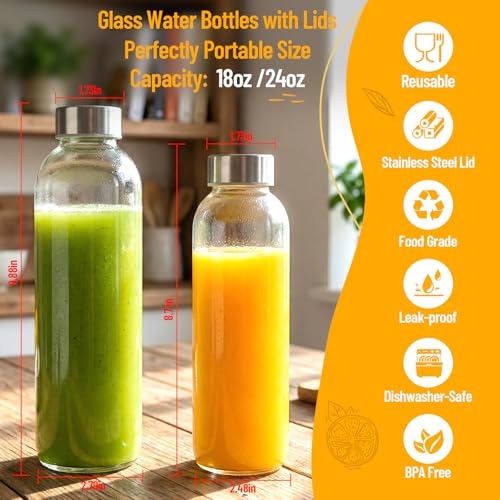 Luxfuel Clear Glass Bottles with Lids 18 oz Reusable Water Bottles, 6 Pack | BPA Free, Leak Proof Stainless Steel Cap for Refrigerator, Juicing, Smoothie, Dishwasher Safe, Brush Included, Juice Bottles - color: Clear Glass Bottle 6Pack, size: 18oz