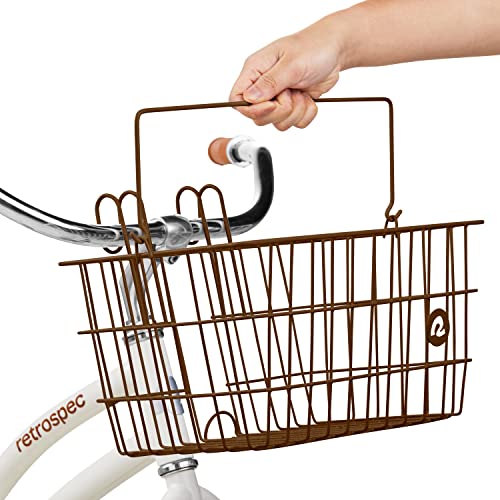 Retrospec Apollo-Lite Lift-Off Bike Basket - Detachable Steel Handlebar Basket with Carrying Handle for Commuting, Shopping & Beach Trips - 14.5in x 9.5in Weather-Resistant Biking Gear - color: Brown