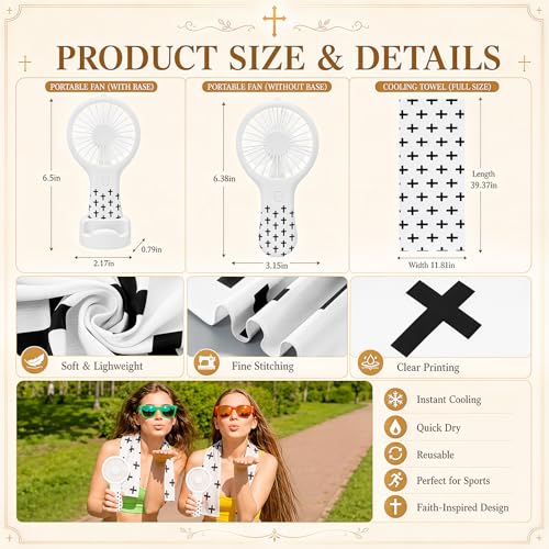 Woanger 24 Pcs Cross Cooling Towels Bulk and Mini Church Handheld Fans Set 3 Speeds USB Portable Fans with Cross Print Cooling Towels for Sports Team Games Party Favors Summer Gifts - style: Cross