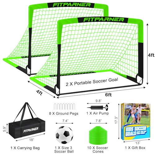 Kids Soccer Goals for Backyard Set - 2 Pack of Portable Pop Up Soccer Nets with Ball,Cones,Complete Training Equipment Kit for Toddler,Youth,Kids Age 3-14,Outdoor Sports Game - color: Green Black, style: 6x4 FT