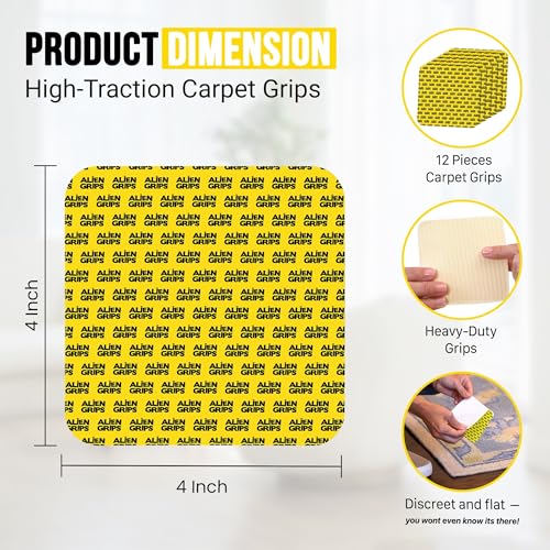 Alien Grip Rug Gripper Carpet Tape - 12pcs, 4x4 in. Anti-Slip Hardwood, Tile Floor, No Damage - Double Sided Reusable, Non Slip Corner Rug Pads - As Seen on TV - size: 12 Pieces | 4 x 4 in