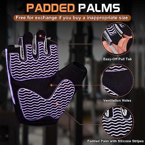 sunnex Workout Gloves for Women - Breathable Weight Lifting Gloves with Non-Slip Silicone Padding, Fingerless Gym Gloves for Cycling, Rowing, Pull Ups & Training (4 Sizes) - color: JS-PURPLE, size: Large