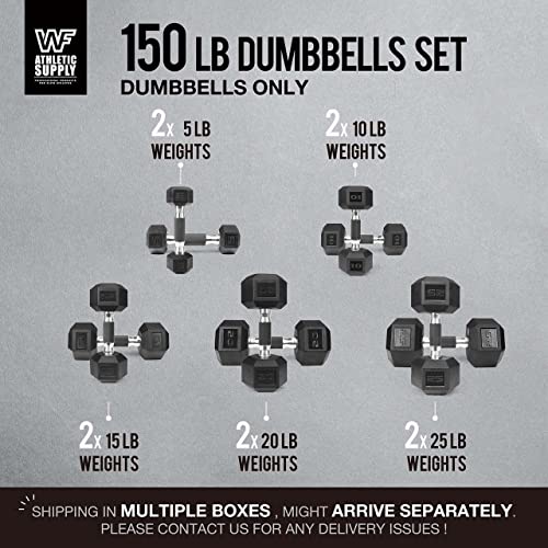 WF Athletic Supply Rubber Encased Hex Dumbbells with Rubber Grip Contoured Handle for Muscle Toning, Strength Building & Full Body Workout - color: r. 150LB Dumbbell Set Only