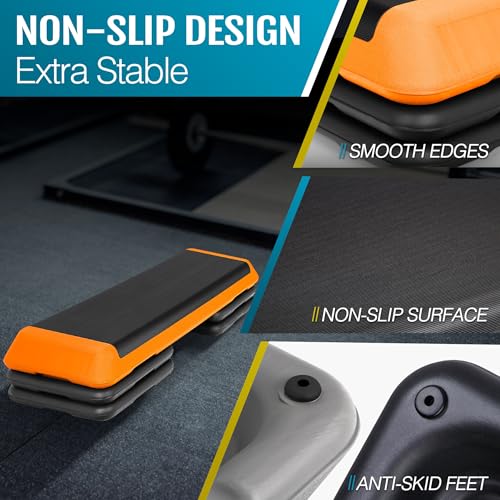 F2C 43 inch Aerobic Exercise Step Platform Adjustable Height Stepper Exercise Workout Step Bench with 4 Risers 4" - 6" - 8" Large Fitness Exercise Stair Step for Home Gym Fitness Training - color: Yellow