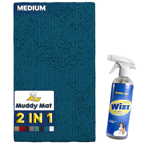 Muddy Mat 2-in-1 Set Atlantic Blue Medium(30"X19") Microfiber Non-Slip, Washable & Highly Absorbent Chenille Dog Door Mat with Wizz Stain & Odor Remover-Ultimate Pet Cleanup Combo for Pristine Homes