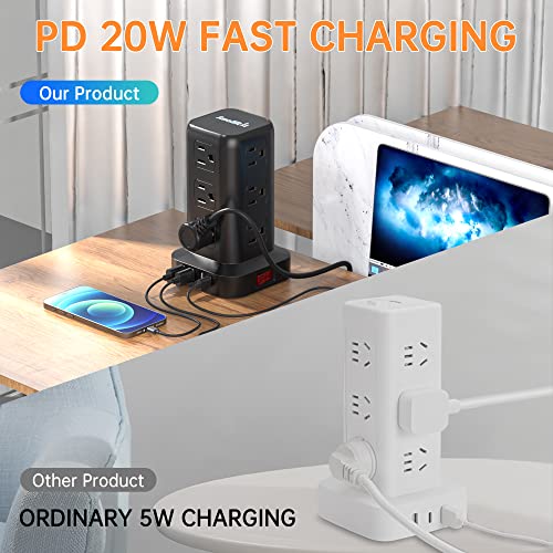 Extension Cord with Multiple Outlets, SMALLRT Surge Protector Power Strip Tower, PD 20W USB C, Outlet Extender with USB Ports 12 AC Outlets, 6.5FT Extension Cord for Home Office, Overload Protection - color: Black, size: 6.5 Ft without wireless charging 2