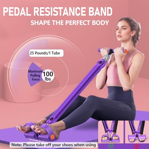 2026 Upgrade Foot Pedal Resistance Band, Adjustable 4-Tube Pedal Ankle Puller Resistance Band with Handle, Multifunction Home Gym Equipment, Stirrup Puller for Men Women for Full Body Exercise - color: Purple 4 Tube