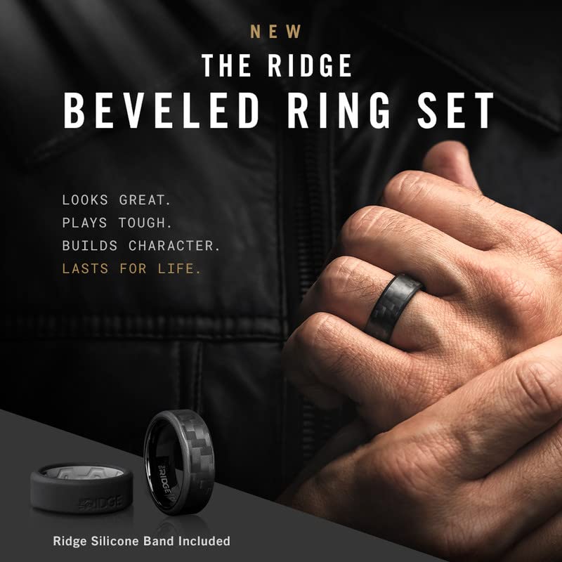 The Ridge Tungsten Rings For Men - Mens Wedding Band - Strong, Durable, and Scratch-Resistant Beveled Ring With Silicone Band - color: Carbon Fiber 3K