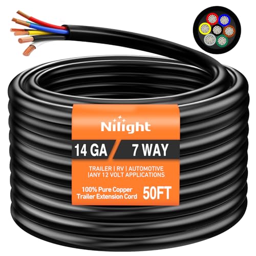 Nilight 50 Feet 7 Way Trailer Extension Cable RV Standard Wire 14 Gauge 7 Conductor 100% Pure Copper Insulated Heavy Duty Cord Weatherproof for 7 Pin Blade Truck Camper RV Automotive - color: RV Standard Trailer Cord 50FT