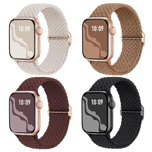 4 Pack Braided Stretchy Bands Compatible with Apple Watch 40mm 41mm 38mm 42mm 44mm 45mm 46mm 49mm Women Men, Breathable Nylon Elastic Daily Use Straps for iWatch Series 11/10 9 8 7 6 5 4 3 SE/Ultra 2 - color: Black/Starlight/DarkWine/Brown, size: 42mm(ser