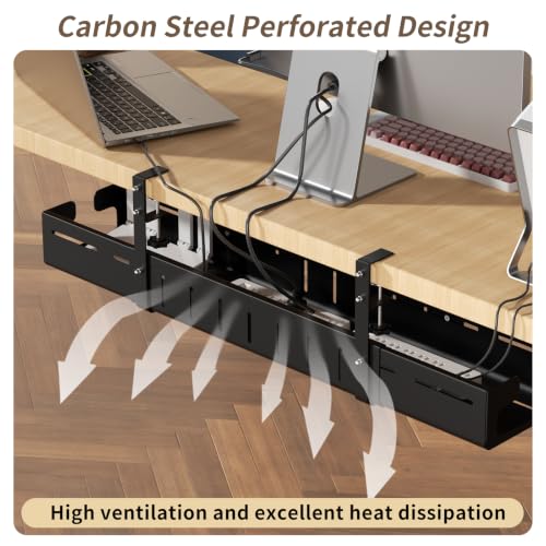 Under Desk Cable Management Tray, Expandable 25.2"– 38.6" No Drill with Clamp Mount Cord Management, Black Carbon Steel Cord Organizer for Desk, Home, Office