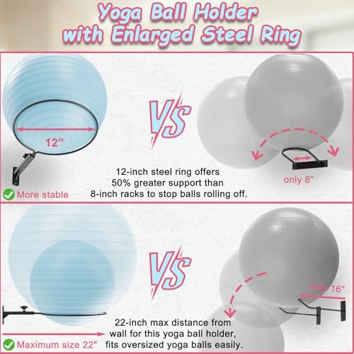 Yoga Ball Wall Mount, Adjustable Exercise Ball Holder(2Pack) | Fits 12–26 Inch Balls, Large Ring Design, Adjustable Support Arms, For Yoga & Exercise Balls, Keeps Gym Organized