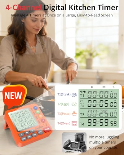 Digital Kitchen Timer with 4 Channel, Loud Alarm and Silent Mode | Magnetic Cooking Timer with Count Up & Countdown for Kids and Seniors, Large Display to Read, Auto Memory, Battery Included - color: Orange