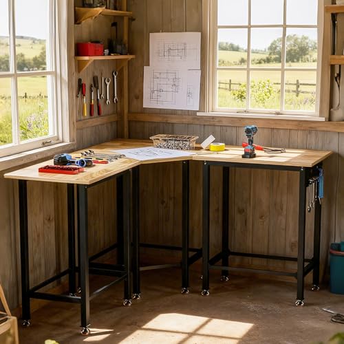 Betterhood 48"/60" Heavy-Duty Adjustable Workbench for Garage, Rubber Wood Shop Table,Hardwood Workstation Weight Capacity Over 1500 Lbs (Rubber Pad/Power Outlets/Ruler/63 x21.7 x35.8) - size: Rubber Pad/Power Outlets/Ruler/63"x21.7"x35.8"
