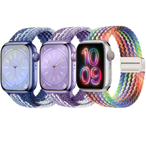 3 Pack Braided Sport Loop Band Compatible with Apple Watch Bands Ultra 3&2 1 49mm 46mm 45mm 44mm 42mm 41mm 40mm 38mm Men Women; Stretchy Nylon Solo Loop Strap for iWatch Series 11 10 9 8 7 6 SE 5 4 3 - color: Blueberry/Pride Rainbow/Grape Purple, size: 42