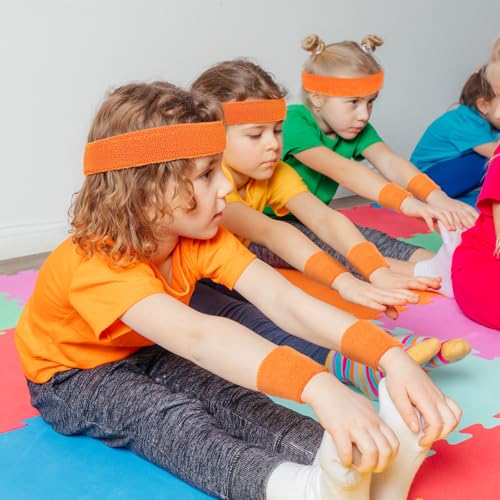 Bememo 36 Pcs Neon Sweatbands Set Soccer Party Favors Cotton Headbands Wristband Sweat Bands Soccer Mom Essentials for Football Fans Sporting Events 80 90s Glow Party - color: Orange, size: Small