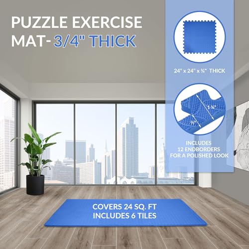 Fitvids Puzzle Exercise Gym Flooring Mat, 3/4" Thick High-Density EVA Interlocking Tiles Workout Mat for Home Gym, Fitness Equipment, MMA, Gymnastics, 6-Piece Shock-Absorbing Exercise Mat (24 Sq Ft) - color: Navy, style: 3/4" Thick, 6 Tiles (24 Sq Ft)