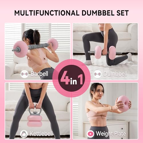 Adjustable Dumbbell Set 13LB/18LB/22LB/35LB, 4-in-1 Soft Shell Weight Set with Connector, Converts to Barbell & Kettlebell, Strength Training Equipment for Home Gym, Ideal for Women & Beginners - color: Pink-35 LB