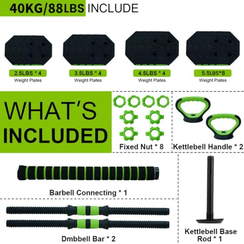 Adjustable Dumbbell Set, 44/66/88 Lbs Free Weight Dumbbells Set, 4 in 1 Dumbbells Set Used As a Kettlebell, Barbell, Push Up Stand, Exercise & Fitness for Home Gym, Black & Green - size: 88 LB-Octagon
