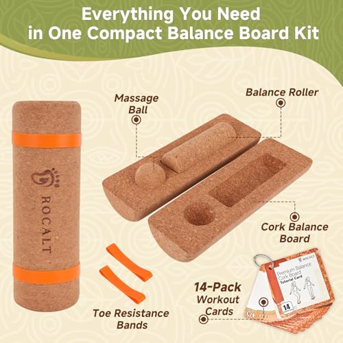 Rocalt Cork Balance Board, Foot and Ankle Strengthener Kit | 4-in-1 set with roller, ball, toe bands and guide, 12 x 4 x 4 in cork build, for runners, yoga and mobility