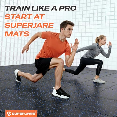 SUPERJARE 0.56'' Thick 12 Pcs 48 Sq Ft Rubber Top Exercise Equipment Mats, High Density EVA Foam Mats with Rubber Top, Interlocking Gym Flooring for Home Gym, Protective Workout Mat, Black/Blue - size: 12 Tiles (48 Sq Ft)