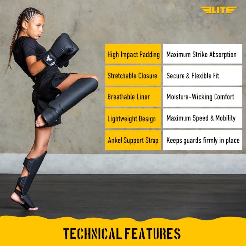Elite Sports Muay Thai MMA Kickboxing Boys and Girls Shin Guards for Age 4 to 14 Years, Instep Guard Sparring Protective Leg Shin Kick Pads for Kids - color: Black, size: Medium