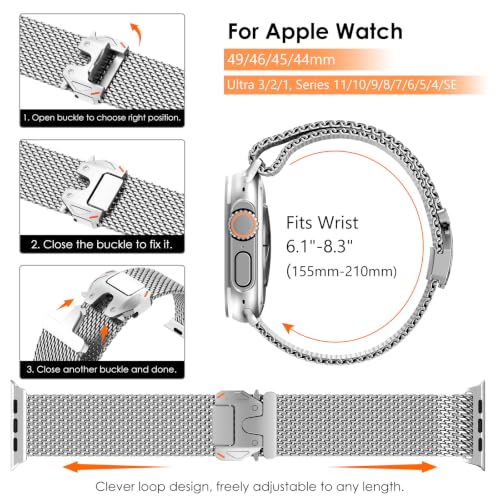 WINGLE Milanese Loop for Apple Watch Band Ultra 3/2/1 Band Ultra 49mm Series 11 10 46mm 45mm 44mm SE 3/2/1 Series 9 8 7 6 5 4 3 Men Women,Parachute-Style Buckle Stainless Steel Mesh Metal iWatch Bands - color: Silver
