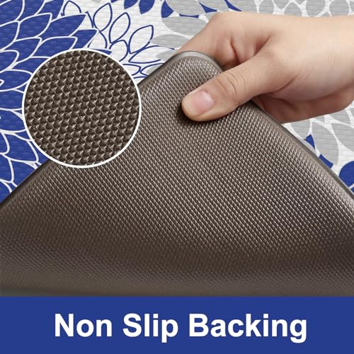 Anti Fatigue Kitchen Mats 2PCS,Boho Dahlia Kitchen Rugs Non Slip Rubber Backing, Farmhouse Waterproof Kitchen Mat for Floor,Cushioned Standing Mat for Kitchen,Laundry,Sink,Desk,Blue - color: Blue, size: 17.3" x 47 "+ 17.3" x 29 "--0.47 inches