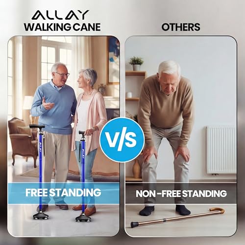 Allay Walking Canes for Men & Women - Adjustable Canes for Women for Stability, Self Standing Wide Quad Pivot Base, Light Weight, Soft Handle Grip and Travel Bag, Walking Sticks for Seniors - color: Blue