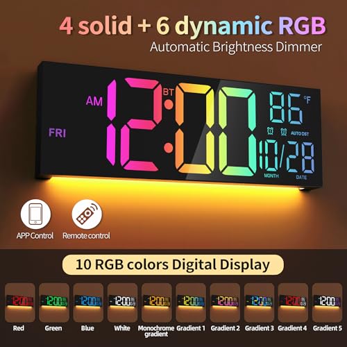 16.5" Digital Wall Clock with Bluetooth Auto-Sync, Large LED Display, Smart Auto Dimming, DST, Remote Control, Night Light, Date & Temperature for Living Room, Black - color: Black-multicolor