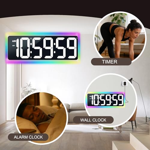 TXL 17.2" WiFi Digital Wall Clock with Seconds, Large Countdown Timer for Classroom Home Gym Office, Alarm Clock with Remote Control, RGB Ambient Lights, 4 Dimmable Brightness, Auto DST(White) - color: White