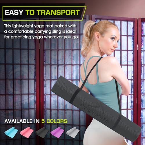 ProsourceFit Original Yoga Exercise Mat 1/4” (6mm) Thick for Comfort and Stability with Carrying Straps, Non Slip –Multiple Colors - color: Black